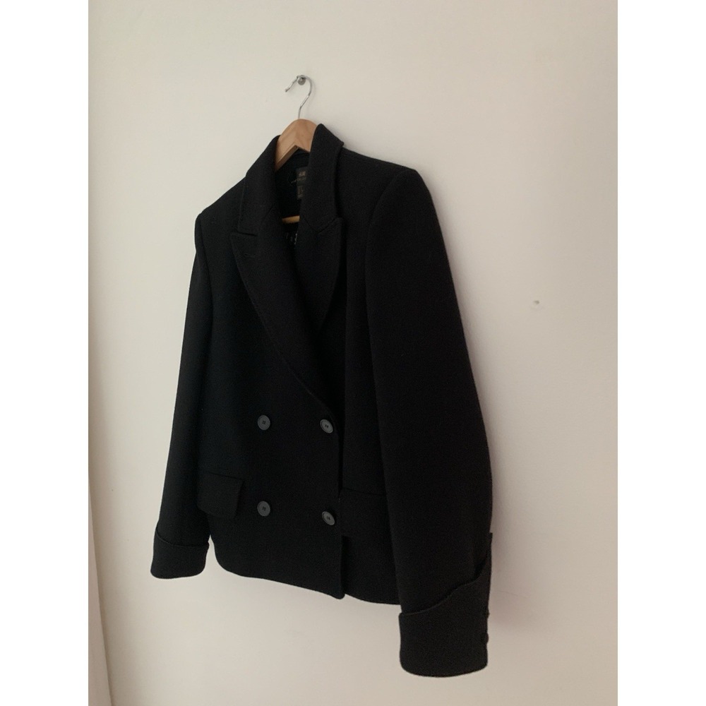 H&M Wool Blend‎ Coat Sz 4 Black Double Breasted Short Embellished Cuffs Prep Ivy